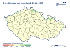 Mapa ČR s pravděpodobností růstu hub k 11. 8. 2025, barevně označené oblasti.