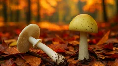 Muchomůrka citronová v podzimním lese na listí, houby v přírodě, sezóna houbaření