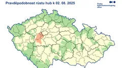 Mapa Česka ukazující pravděpodobnost růstu hub k 1. 10. 2023 podle regionů