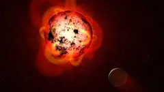 Umělecká ilustrace červeného trpaslíka s planetou a slunečními erupcemi