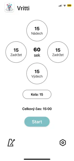 Aplikační obrazovka pro dechová cvičení s časovačem a tlačítkem Start v češtině