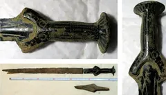 Bronzový meč z období bronzové doby, detail rukojeti a čepele, archeologický nález.