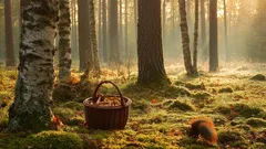 Houbařský košík v slunném lese na mechu, ranní světlo mezi stromy, podzimní atmosféra