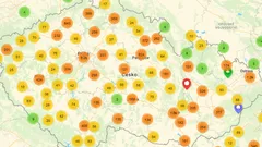 Mapa Česka se znečištěním ovzduší a koncentrací částic PM10
