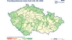 Mapa Česka s pravděpodobností růstu hub k 4. 8. 2025, podle regionů