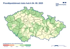 Mapa České republiky zobrazující pravděpodobnost růstu hub k 4. 8. 2025