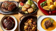 Široký výběr lahodných masových pokrmů s omáčkami a přílohami v restauraci